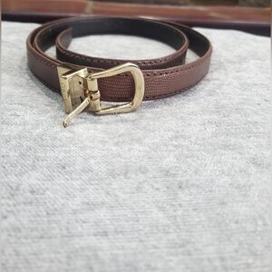 CALVIN KLEIN FANCY BROWN‎ LEATHER THIN PANTS BELT GOLD METAL SQUARE BUCKLE SZ L.